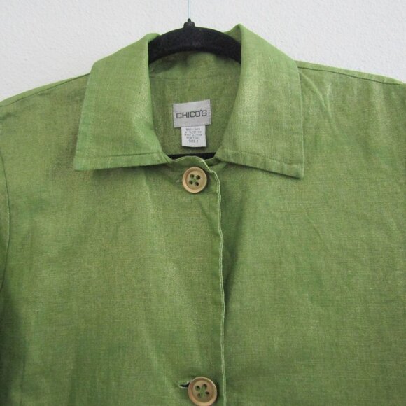 Chico's Linen Blend Jacket 1 Green Shimmer Boho Artsy Coastal Grandma Vintage - Picture 2 of 10